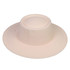 A flat top felt fedora hat in a soft cream colour with a wide brim and a rounded crown. It features a logo.