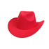 A red classic felt fedora cowboy hat with a wide brim and structured crown, featuring a simple logo.