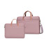 A pink sling laptop bag with a buffer pad, featuring two compartments and stylish brown handles.