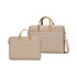 A beige sling laptop bag with a buffer pad, featuring handles and a detachable shoulder strap. It includes a logo.
