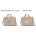 A beige laptop bag with handles and a detachable strap features a logo and metal label design.