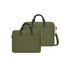 A green sling laptop bag with a buffer pad, featuring handles and a removable shoulder strap. It has a logo.
