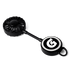 A black rechargeable fan with a round base featuring a logo. It has a compact design for easy portability.