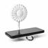 A white rechargeable fan attached to a phone stand, displaying a black smartphone. The fan features a flexible neck.