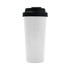 A drink bottle in white with a black lid, featuring a logo on the side. A drink bottle in white with a black lid, featuring a logo on the side.
