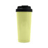 A drink bottle with a yellow body and black lid, featuring a logo on the side.  A drink bottle with a yellow body and black lid, featuring a logo on the side.