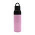 A drink bottle in pink with a black lid and a handle. Features a logo on the surface. A drink bottle in pink with a black lid and a handle. Features a logo on the surface.