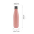 A drink bottle made of recycled stainless steel, featuring a pink double-wall design and a silver lid.