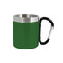 A green stainless steel double-walled mug with a black carabiner handle and a silver rim. A green stainless steel double-walled mug with a black carabiner handle and a silver rim.