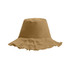 A raw edge bucket hat in a warm tan colour, featuring a frayed brim and an attached logo.