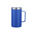 A drink bottle in blue, made of double wall stainless steel, featuring a handle and a clear lid. A drink bottle in blue, made of double wall stainless steel, featuring a handle and a clear lid.