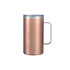A copper-coloured stainless steel mug with a handle and a clear lid, featuring a logo. A copper-coloured stainless steel mug with a handle and a clear lid, featuring a logo.