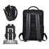 A black polyurethane laptop backpack with multiple compartments and padded straps, featuring a logo on the front.