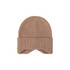 A beige earflap beanie with a ribbed texture and a folded cuff. It features a logo on the side.