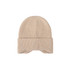 A beige earflap beanie with a ribbed texture and a foldable cuff, featuring a logo on the side.
