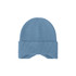A blue earflap beanie with a ribbed texture and a folded brim, featuring a logo.