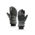 A pair of grey ski gloves featuring a sleek design and adjustable wrist straps. The gloves have a logo on them.