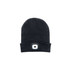 A black beanie featuring a built-in headlamp, showcasing a sleek design and a logo on the front.