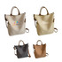 A vintage style canvas bag in beige, grey, and brown with leather handles and a logo on each.