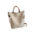 A vintage style canvas bag in cream with brown straps and pockets on the sides. It has a logo on one side.