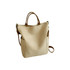 A vintage style canvas bag in cream with brown straps and pockets on the sides, featuring a logo.