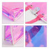 An iridescent clear tote bag with pink accents, featuring a shiny finish and sturdy handles. It has a logo on the side.