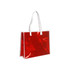 A shiny red handbag with white straps, featuring a reflective surface and a simple design. It has a logo.