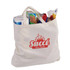 A cream-coloured calico bag with a gusset, filled with various grocery items, featuring a logo.