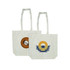 A calico tote bag in natural colour with long handles, featuring two different graphic designs and a logo. A calico tote bag in natural colour with long handles, featuring two different graphic designs and a logo.