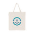 A cream-coloured calico bag with a short handle, featuring a logo with an anchor design. A cream-coloured calico bag with a short handle, featuring a logo with an anchor design.