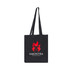 A black cotton bag with long handles and a logo featuring a stylised character in red. A black cotton bag with long handles and a logo featuring a stylised character in red.