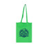 A bright green cotton tote bag with long handles features a logo in blue. A bright green cotton tote bag with long handles features a logo in blue.