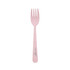 A pink fork made from eco-friendly material, featuring a logo.