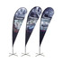 Three large teardrop banners in black featuring various images, each with a logo and a sturdy base.