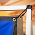 A-frame banner stand featuring a white frame and a blue fabric banner with grommets for secure attachment.