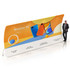 A U-shaped fabric display wall in orange and white featuring smartphone images and a logo, with a person standing beside it. A U-shaped fabric display wall in orange and white featuring smartphone images and a logo, with a person standing beside it.