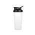A drink bottle with a clear body and black lid, featuring a loop and a mixer ball for protein shakes.