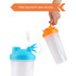 A drink bottle in clear plastic with a blue lid and orange loop top for easy carrying. Features a mixing ball inside.