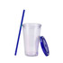 A transparent plastic cup with a blue lid and straw, designed for beverages. Features a simple logo.