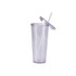A clear plastic cup with a lid and straw, designed for drinkware use.