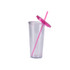 A clear plastic cup with a pink lid and straw, designed for drinks. It features a logo.
