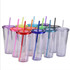 A set of 24oz plastic cups in various colours with lids and straws, featuring a logo on some cups.