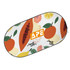 A sunshade featuring a colourful fruit pattern with oranges, papayas, and floral designs, including a logo.
