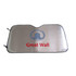 A silver bubble aluminium membrane car shade with a logo, designed for sun protection. A silver bubble aluminium membrane car shade with a logo, designed for sun protection.