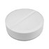 A round, white tablet-shaped stress reliever with a smooth surface and a shallow groove across the middle.
