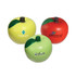 Three apple-shaped stress relievers in red, green, and yellow, featuring various logos.