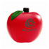 A red apple-shaped stress reliever with a green leaf and a black stem, featuring a logo.
