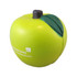 A green apple-shaped stress reliever with a black stem and green leaf, featuring a logo.
