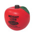 A red apple-shaped stress reliever with a green leaf and a logo on the front.