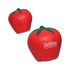 Red strawberry-shaped stress reliever with a green stem and an embossed texture. Includes a logo.